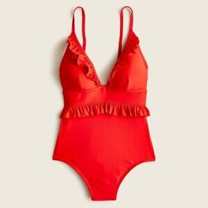 J. Crew Bright Cerise Red Ruffle Plunge V-Neck One-Piece Swimsuit 2120